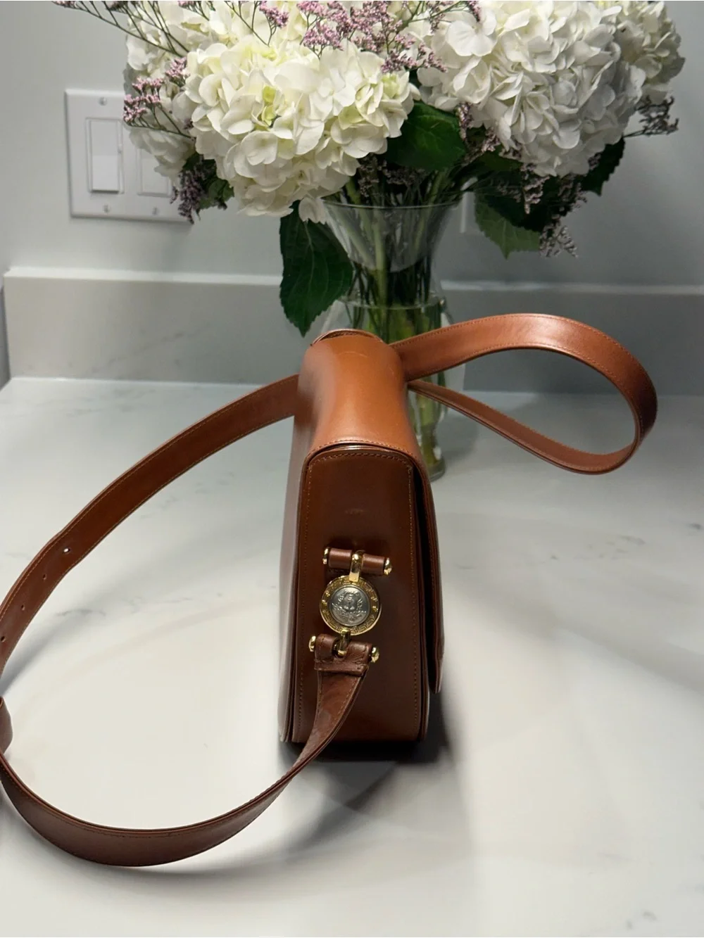 Vintage Gianni Versace Cognac Leather Crossbody with Medusa Relief